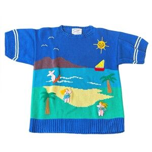 Cotton Salsa Vintage Blue Knit Beach Scene Sweater 3D Dolls 100% Cotton